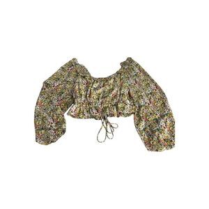 Lush Floral Smocked Crop Top Size L Yellow Multi Floral Balloon Sleeve Tie-Back